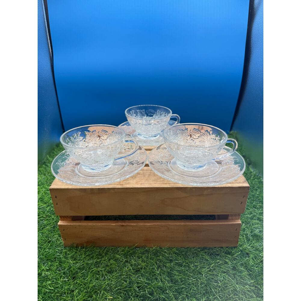 Vintage Clear Pressed Glass Floral Teacups – Set of 3